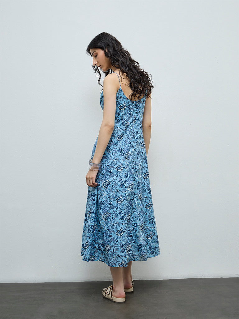 Bombay Paisley Blue Botanical Printed Cotton-Blend A-Line Dress