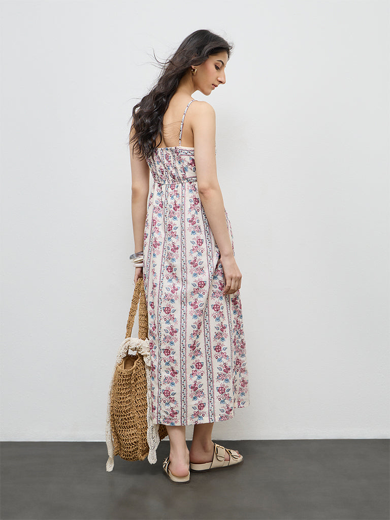 Bombay Paisley Off-White Floral Printed A-Line Cotton Dress