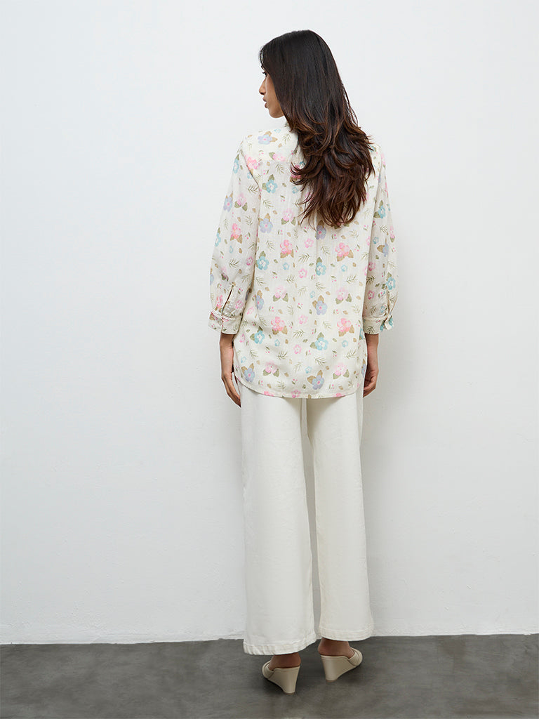 Utsa Off-White Floral Printed Cotton-Blend Tunic