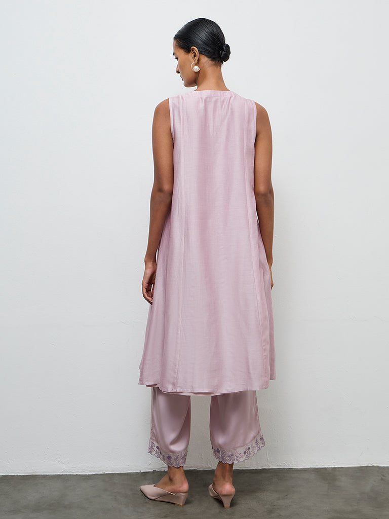 Zuba Lilac Floral Embroidered A-Line Kurta