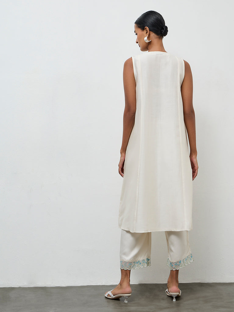Zuba Ivory Embroidered Cotton-Blend A-Line Kurta