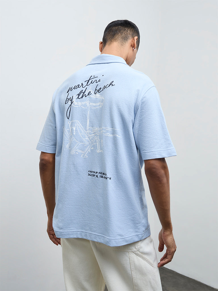 Nuon Blue Embroidered Relaxed-Fit Shirt