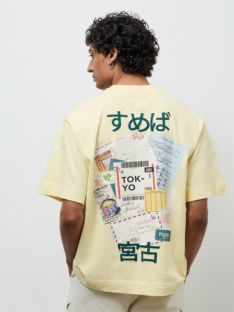Nuon Light Yellow Printed Relaxed-Fit Cotton T-Shirt