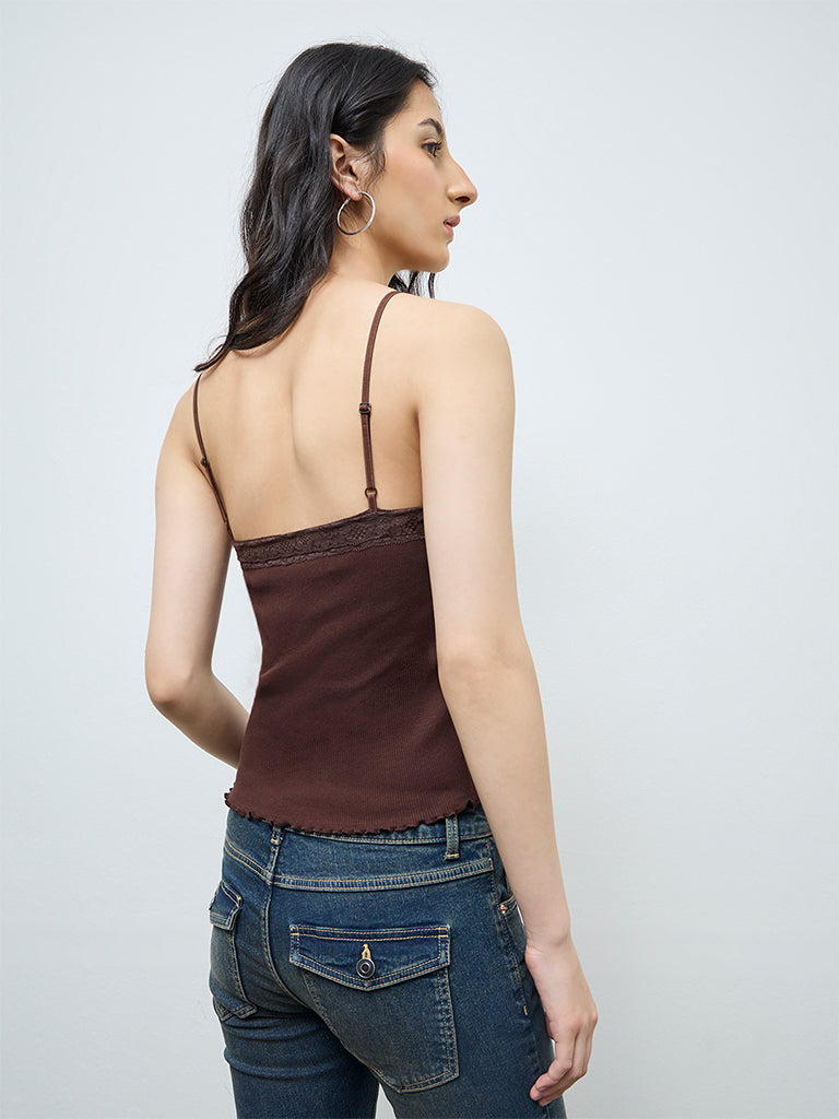 Nuon Dark Brown Lace Cotton-Blend Top