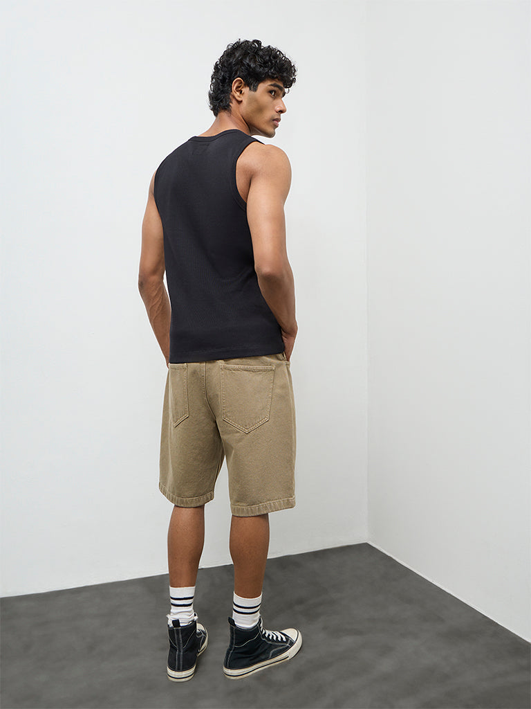 Nuon Taupe Relaxed-Fit Mid-Rise Cotton Shorts