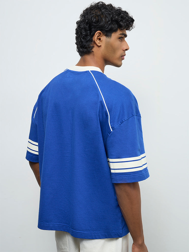 Nuon Blue Numerical Printed Oversized-Crop Cotton T-Shirt