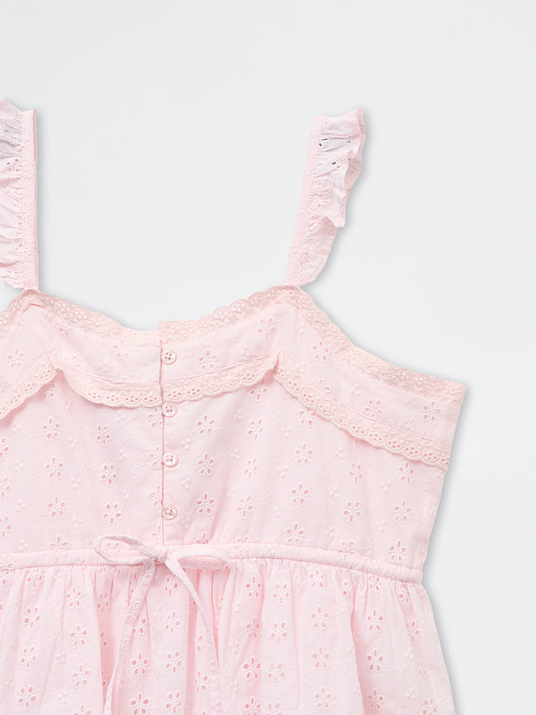 Girls Light Pink Schiffli Embroidered Cotton Top