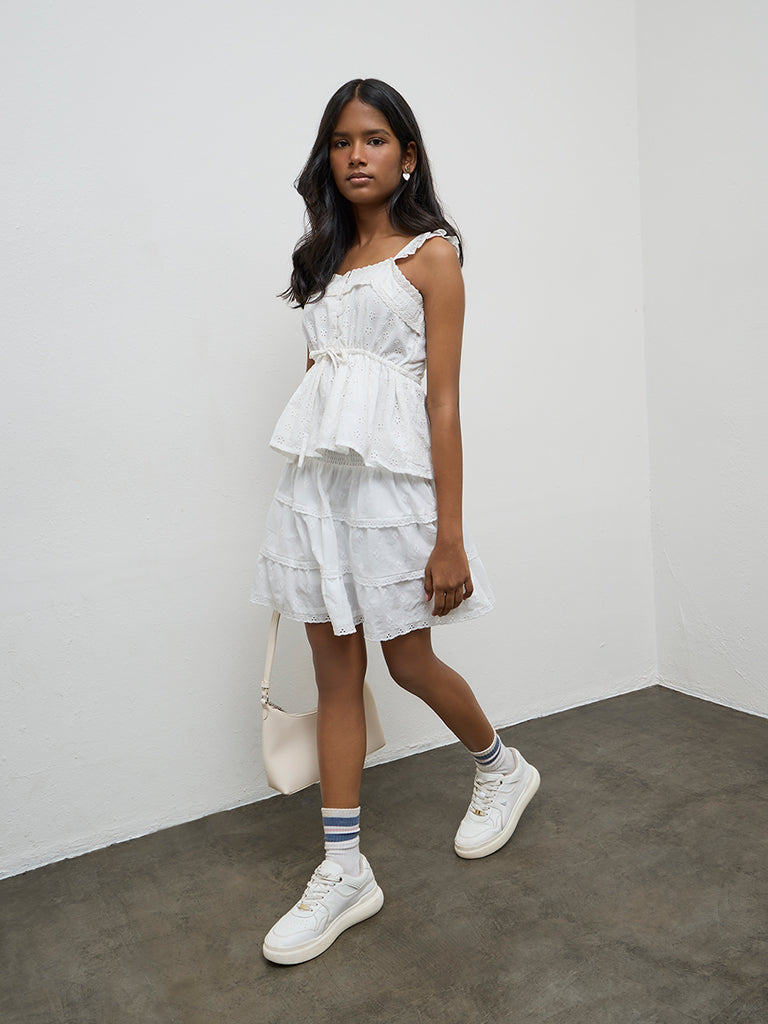Girls White Schiffli Embroidered Cotton Top