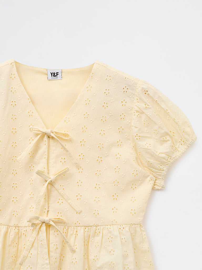 Girls Yellow Schiffli Embroidered Cotton Top