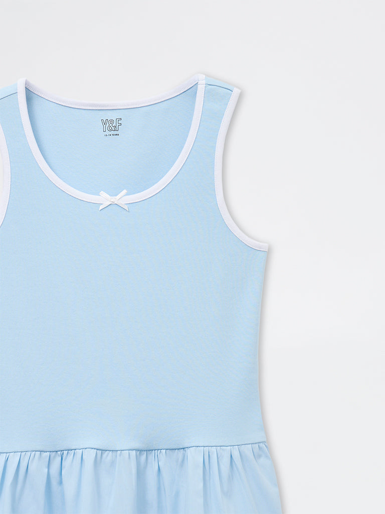 Girls Blue Cotton-Blend Tiered Dress