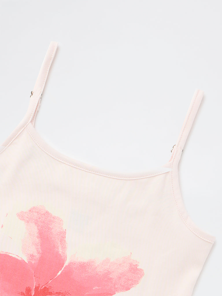 Girls Light Pink Floral Design Cotton-Blend Top