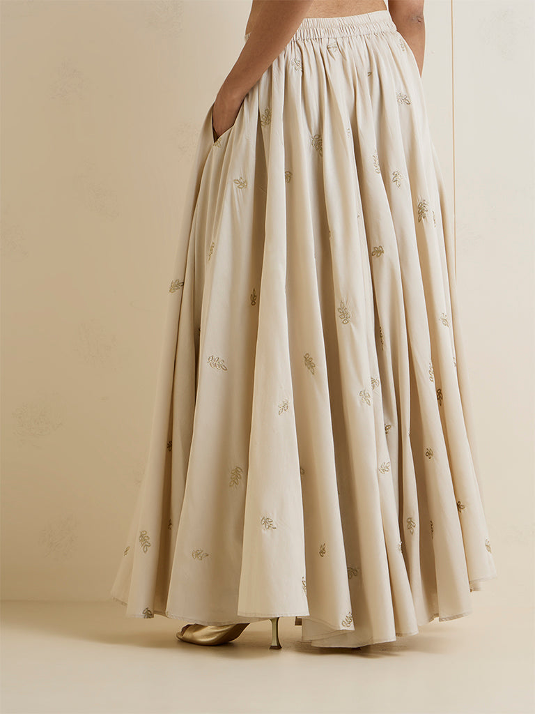 Vark Light Beige Botanical Embroidered Skirt
