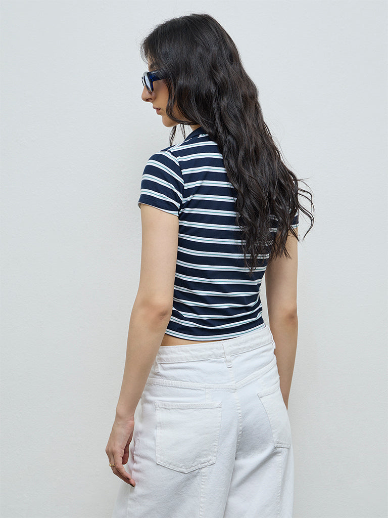 Nuon Navy Striped Cotton-Blend T-Shirt