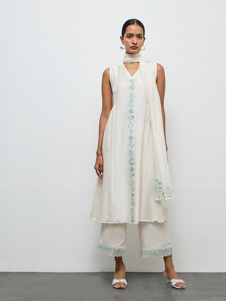 Zuba Ivory Floral Embroidered Dupatta