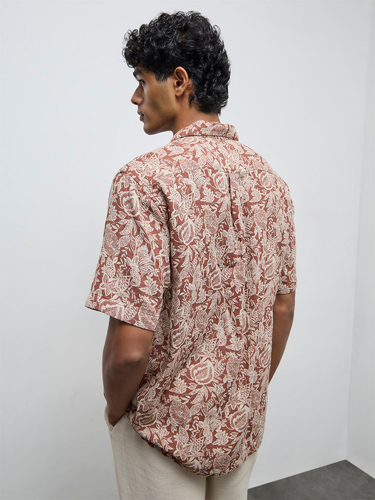 ETA Brown Botanical Printed Relaxed-Fit Cotton Shirt