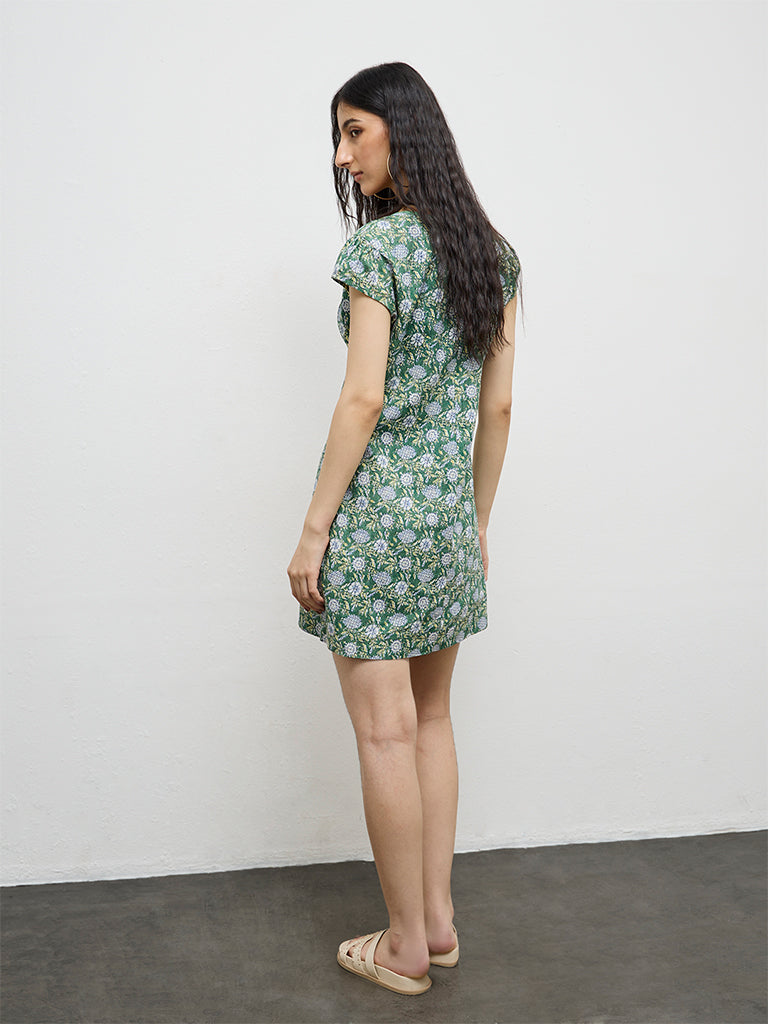 Bombay Paisley Green Floral Pattern Cotton A-Line Dress