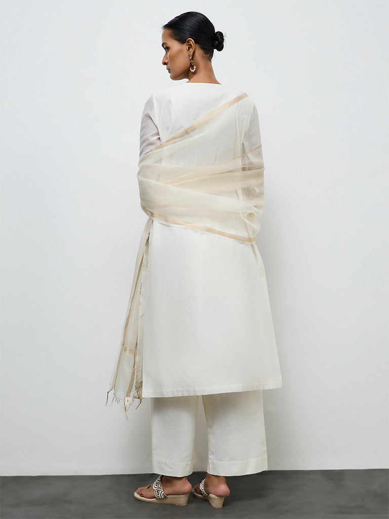 Vark Ivory Floral Embroidered Cotton-Blend A-Line Ethnic Set