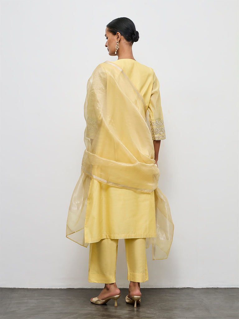 Vark Yellow Embroidered Cotton-Blend A-Line Ethnic Set