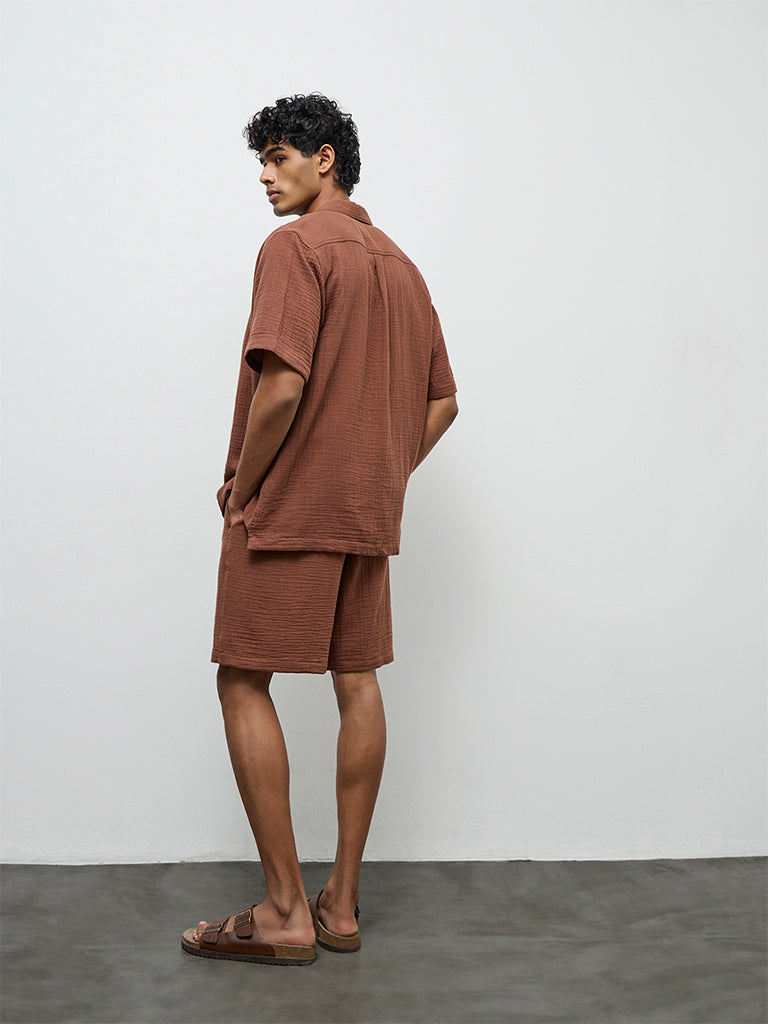 ETA Brown Crinkle-Textured Relaxed-Fit Mid-Rise Cotton Shorts