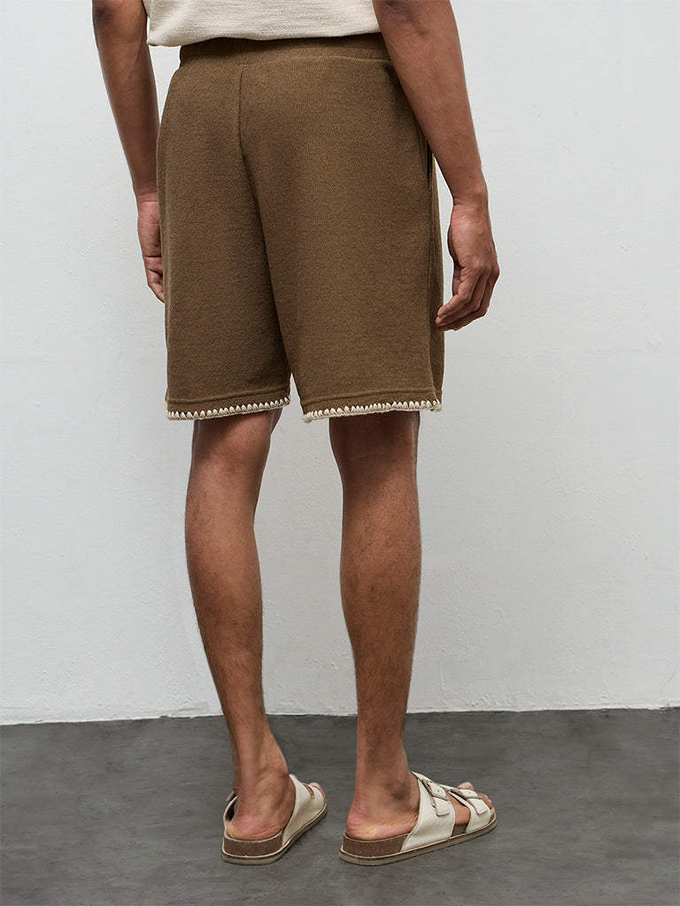 ETA Brown Embroidered Relaxed-Fit Mid-Rise Cotton-Blend Shorts