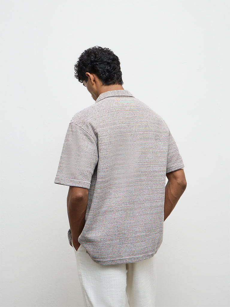 ETA Brown Stripe Embroidered Relaxed Fit Cotton-Blend Shirt