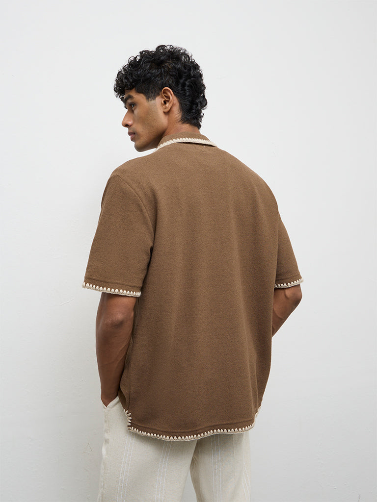 ETA Brown Embroidered Relaxed-Fit Cotton-Blend Shirt