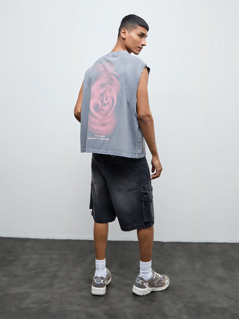Nuon Grey Printed Relaxed Fit Cotton T-Shirt