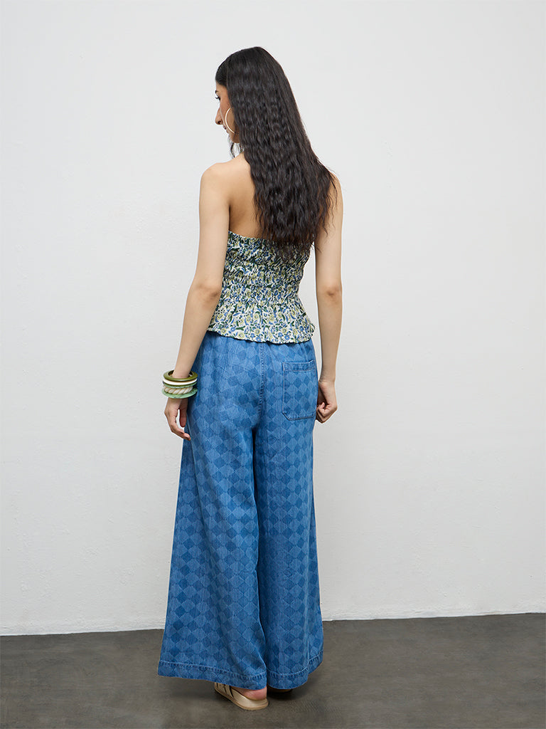 Bombay Paisley Blue Printed High-Rise Cotton-Blend Pants
