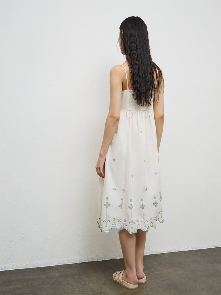 Bombay Paisley Off-White Embroidered Cotton A-Line Dress
