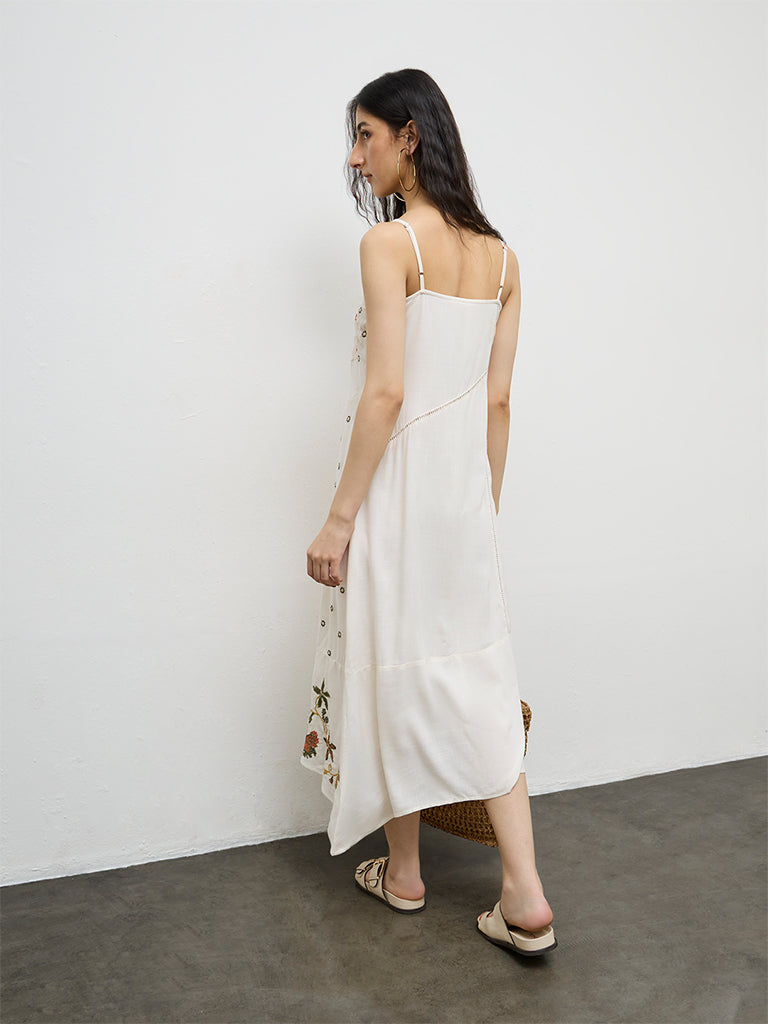 Bombay Paisley Off-White Floral Embroidered A-Line Dress