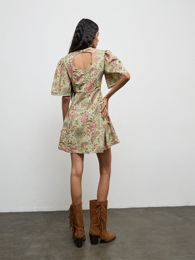 Bombay Paisley Green Floral Printed A-Line Cotton-Blend Dress