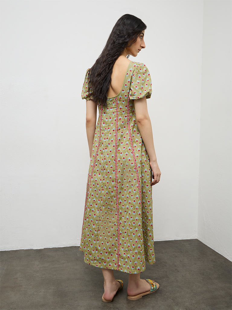 Bombay Paisley Green Printed A-Line Cotton-Blend Dress