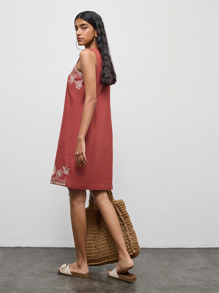 Bombay Paisley Rust Embroidered Cotton-Blend Shift Dress