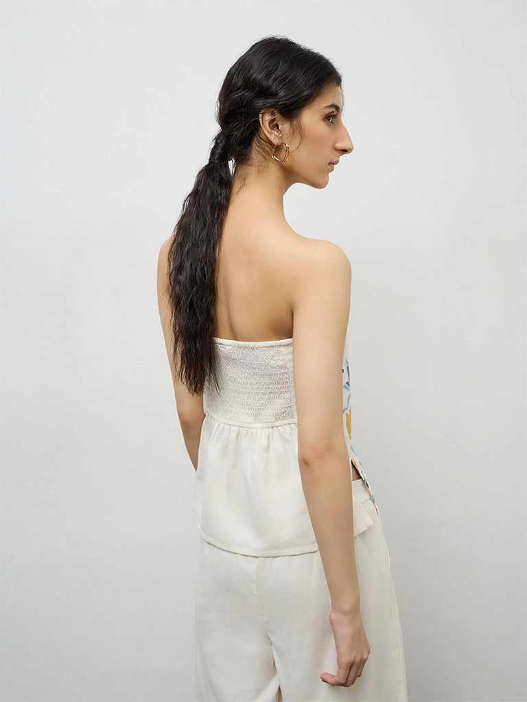 Bombay Paisley Off-White Floral Cotton-Blend Tube Top