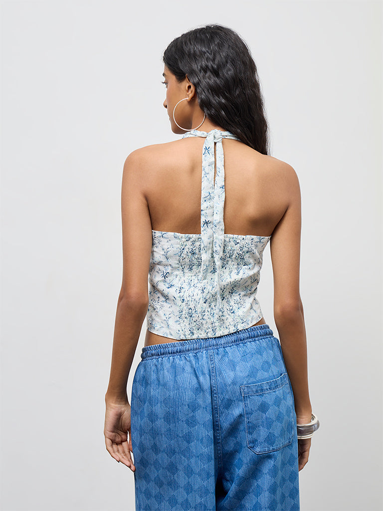 Bombay Paisley White Floral Printed Halter-Neck Cotton Top