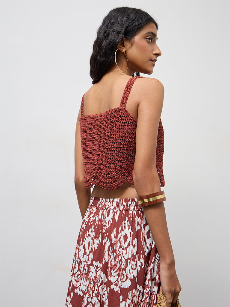 Bombay Paisley Rust Crochet Embroidered Cotton-Blend Top
