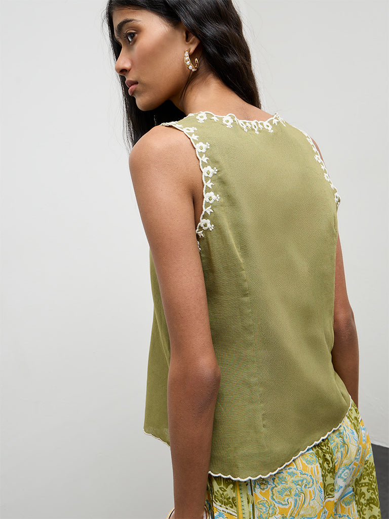 Bombay Paisley Olive Embroidered Cotton-Blend Top