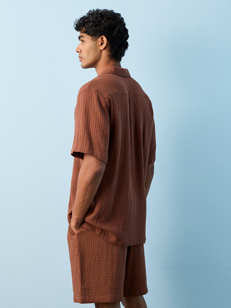 ETA Brown Crinkle-Textured Relaxed-Fit Cotton Shirt