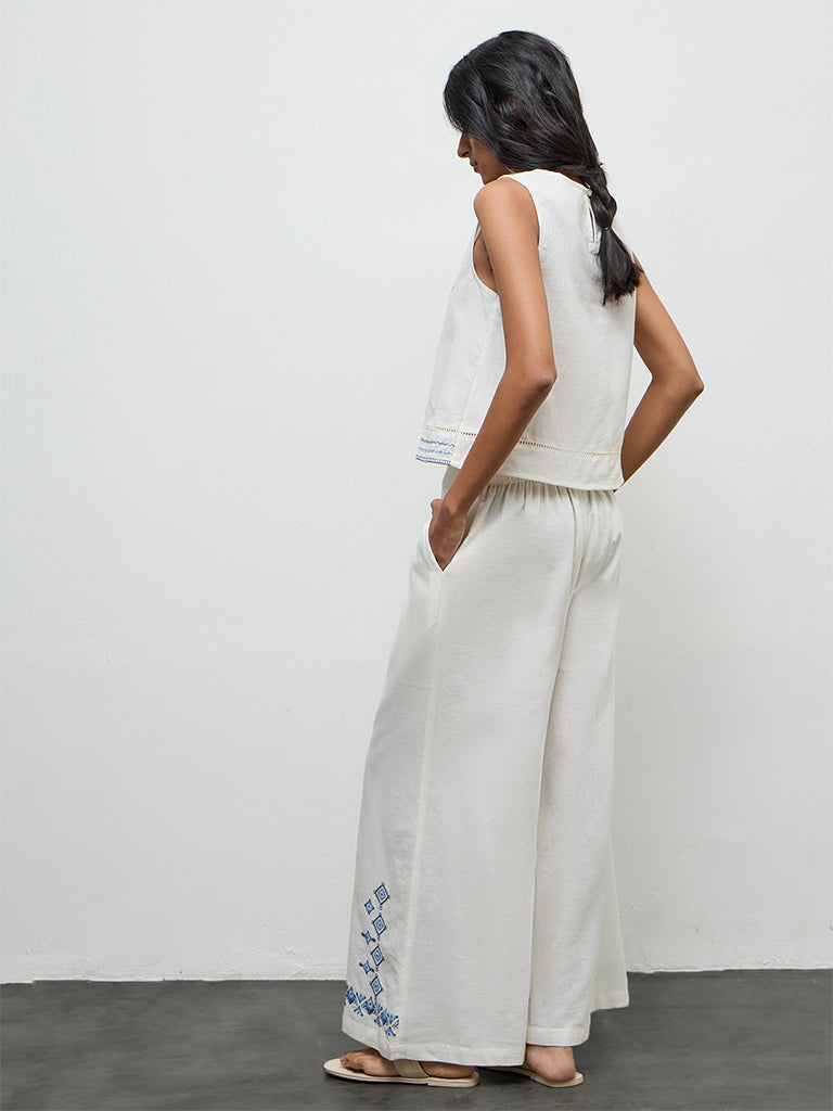 Bombay Paisley White Embroidered Cotton High-Rise Pants