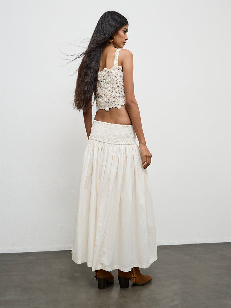 Bombay Paisley Off-White Embroidered High-Rise Cotton Skirt