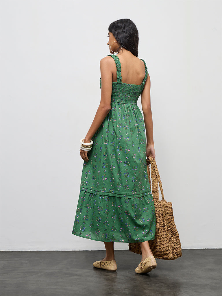 Bombay Paisley Green Floral Design Cotton A-Line Dress