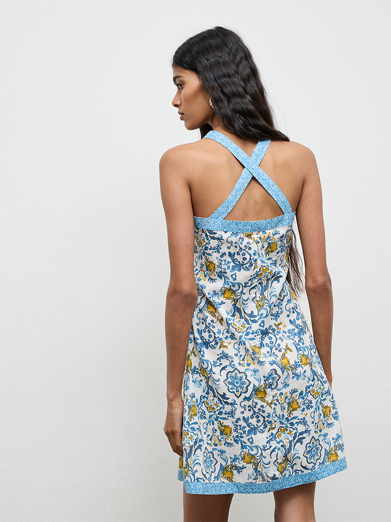 Bombay Paisley Blue Floral Printed Cotton A-Line Dress