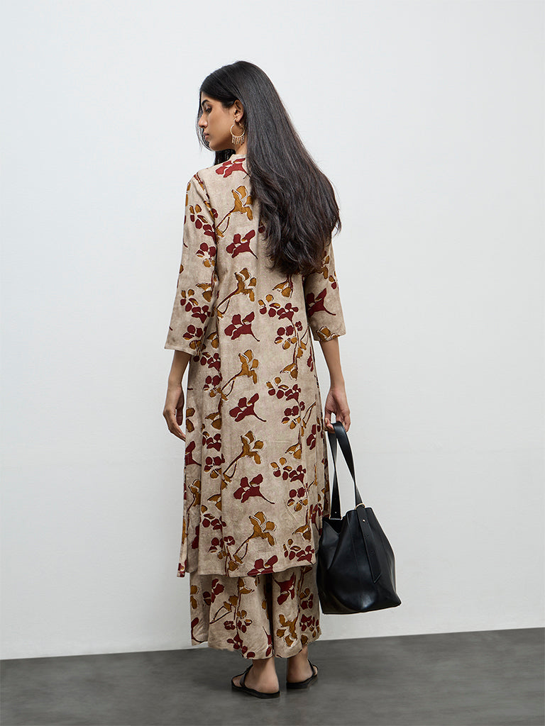 Utsa Light Taupe Floral Printed A-Line Kurta