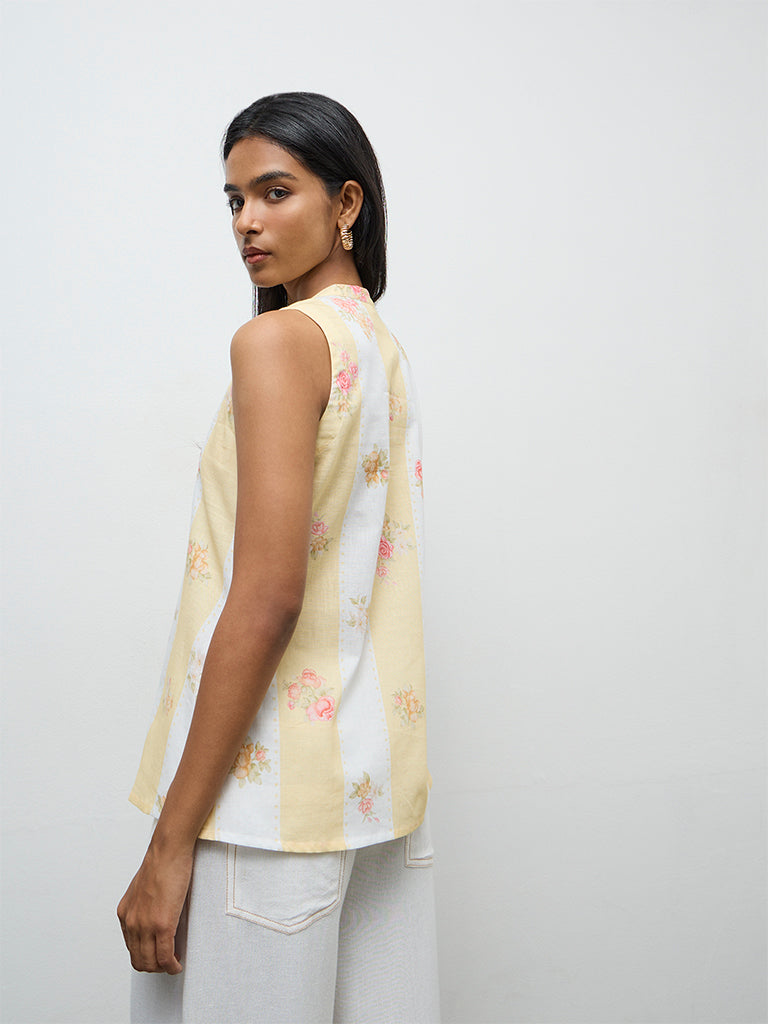 Utsa Light Yellow Floral Printed Cotton-Blend Tunic