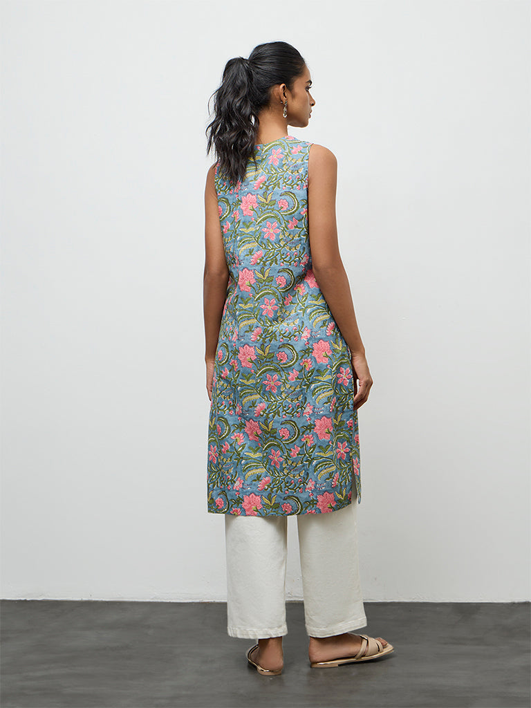 Utsa Blue Floral Printed Cotton A-Line Kurta