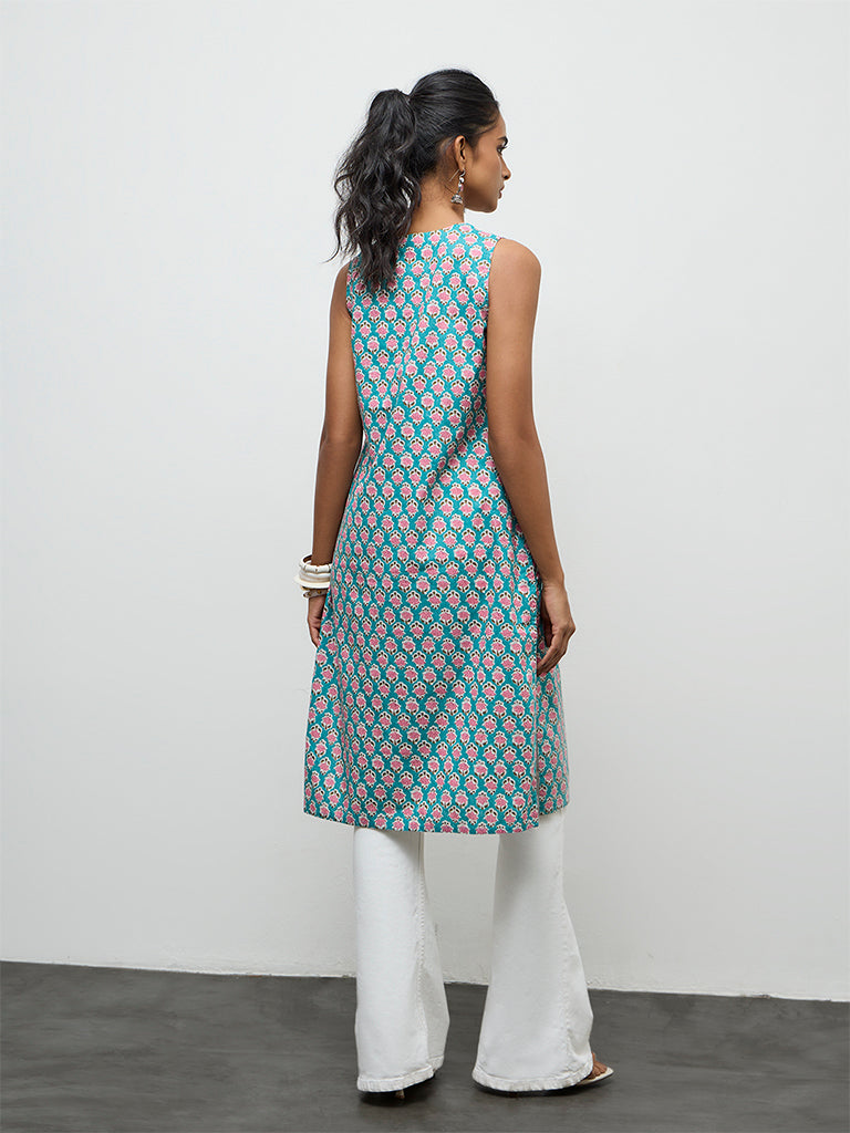 Utsa Blue Floral Pattern Cotton A-Line Kurta