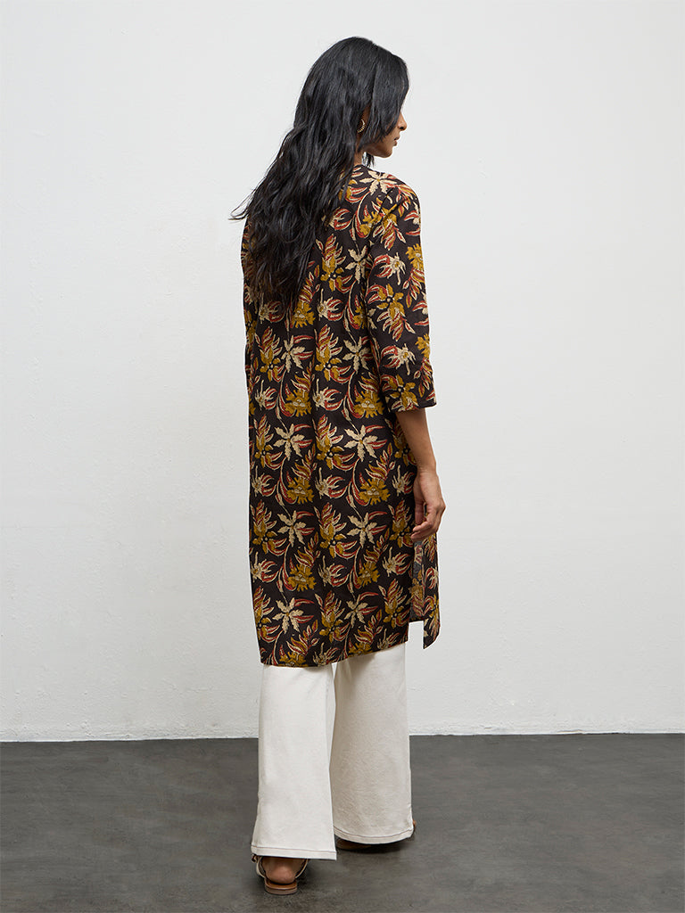 Utsa Black Floral Printed Cotton Straight Kurta