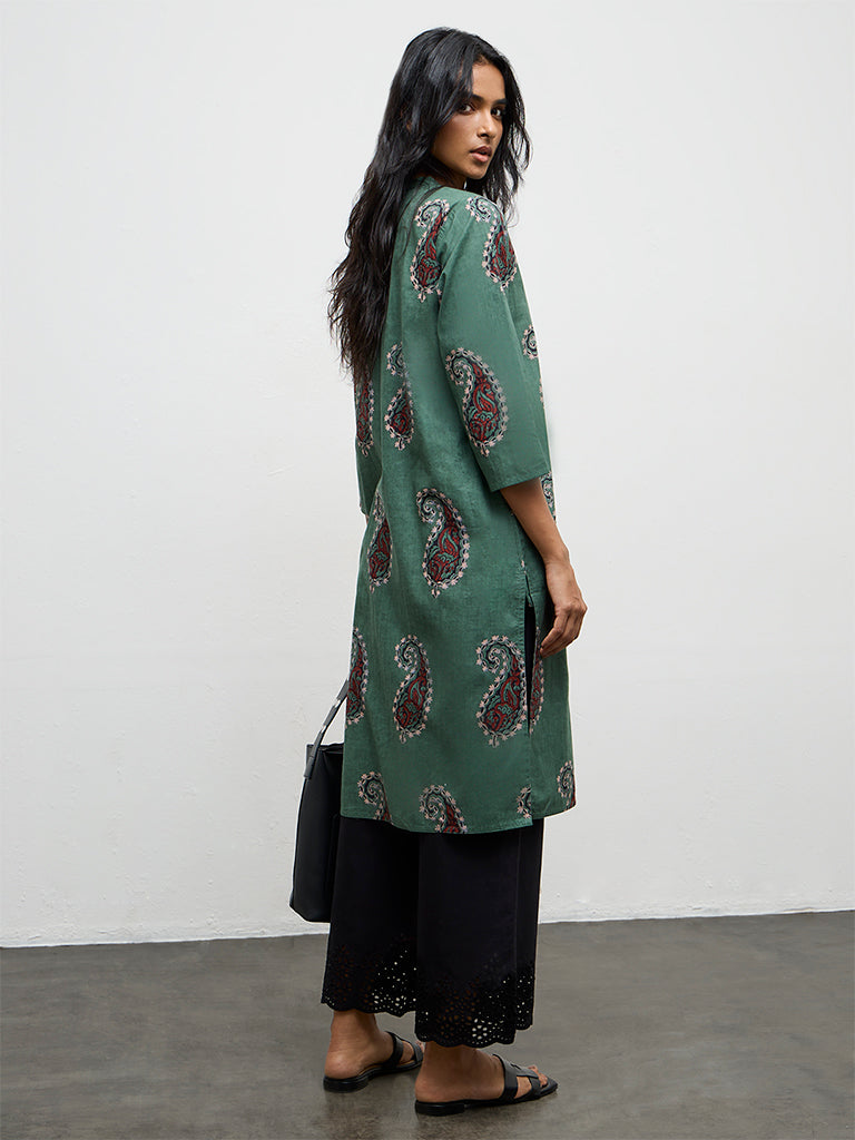 Utsa Green Paisley Printed Cotton Straight Kurta