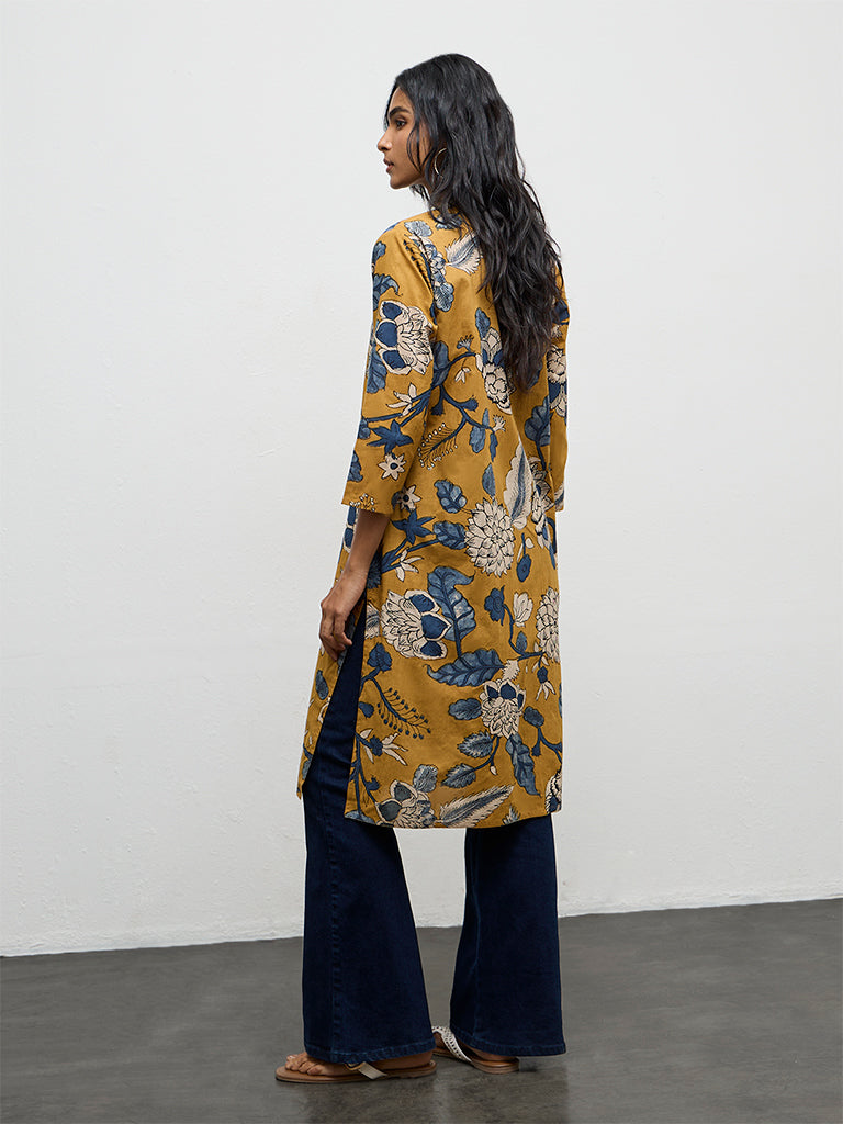 Utsa Mustard Floral Printed Cotton Straight Kurta