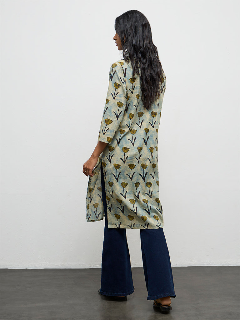 Utsa Blue Floral Pattern Cotton Straight Kurta